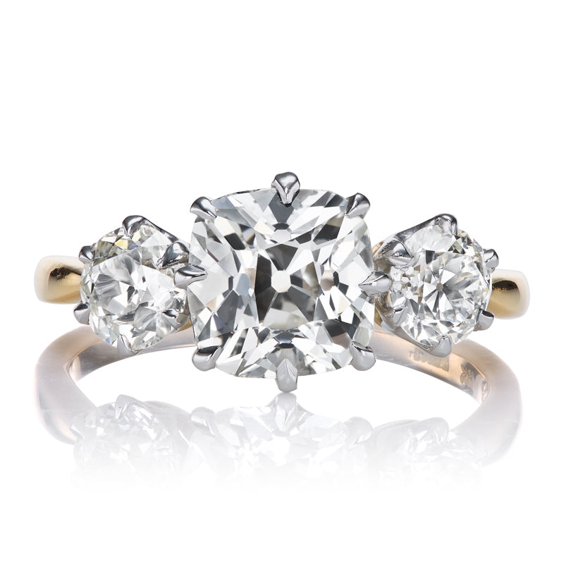 1.75 Carat Old Mine Cut Diamond Three Stone Engagement Ring in Two Tone Setting