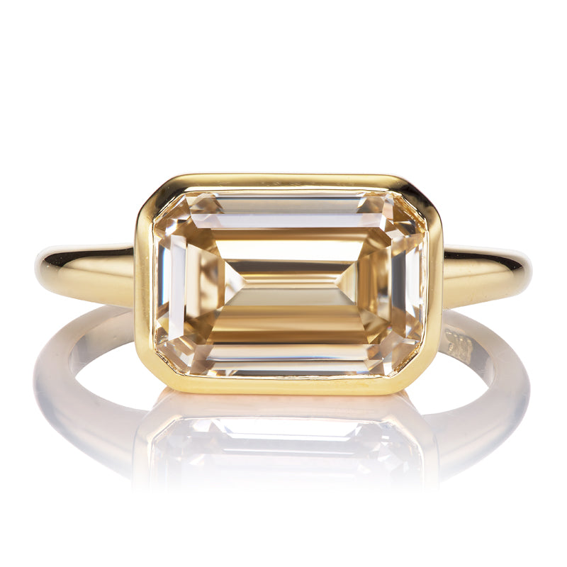 East West Set Champagne Colored Emerald Cut Diamond Ring with Baguette Hidden Halo