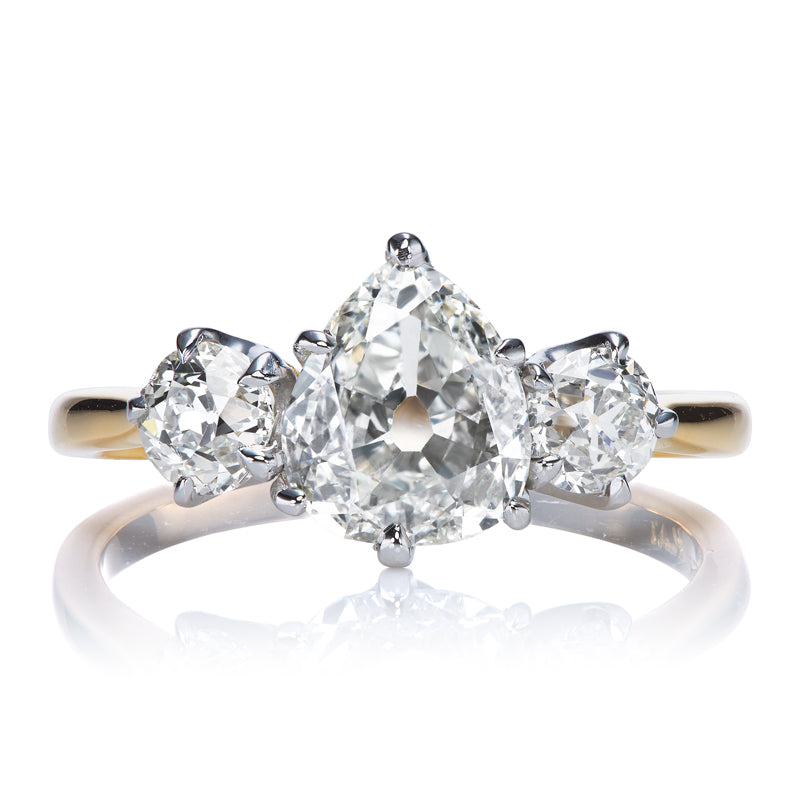 Pear Shaped Diamond Ring with Old European Cut Side Stones in Two-Tone Setting