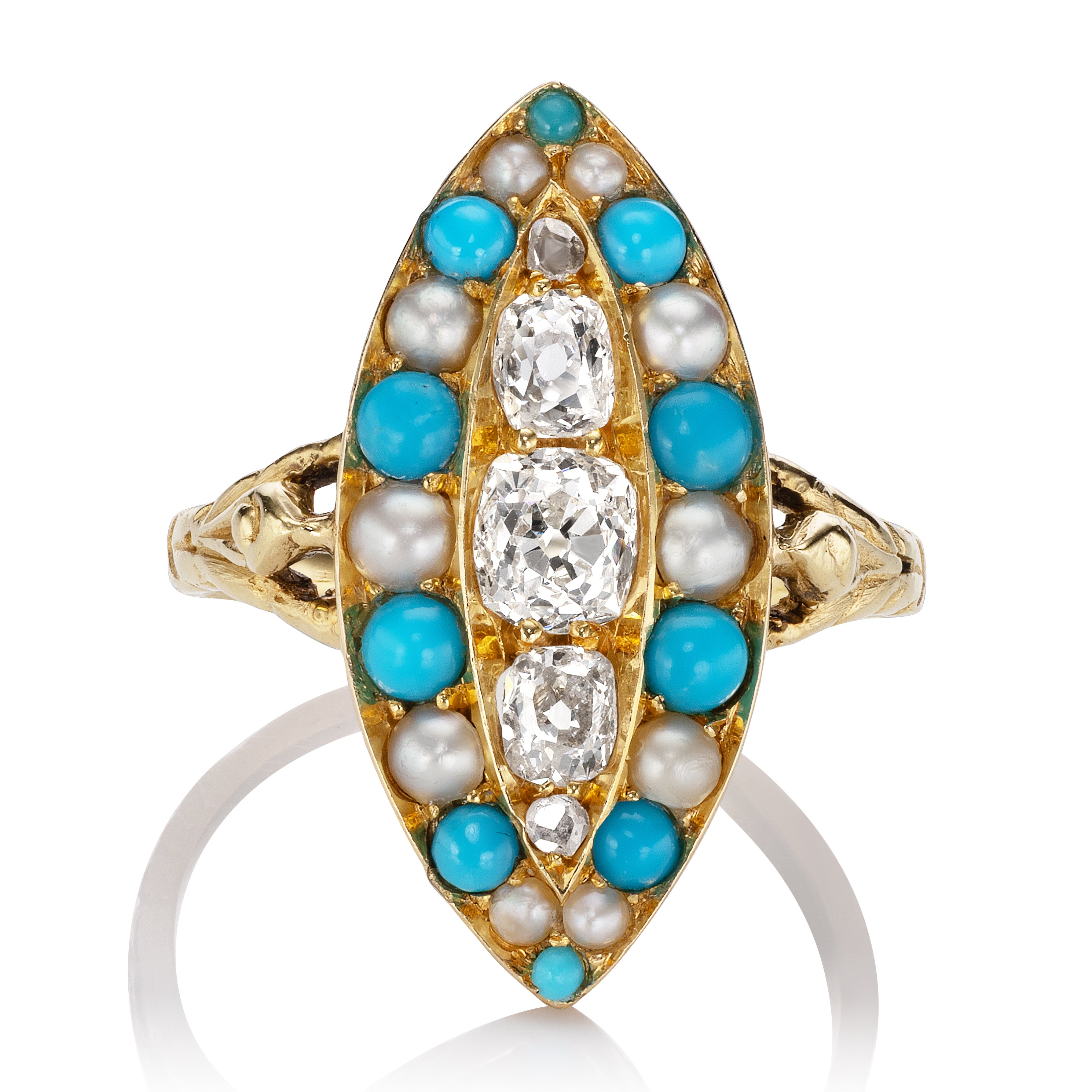 Victorian Navette Ring with Pearl, Turquoise, and Old Mine Cut Diamonds