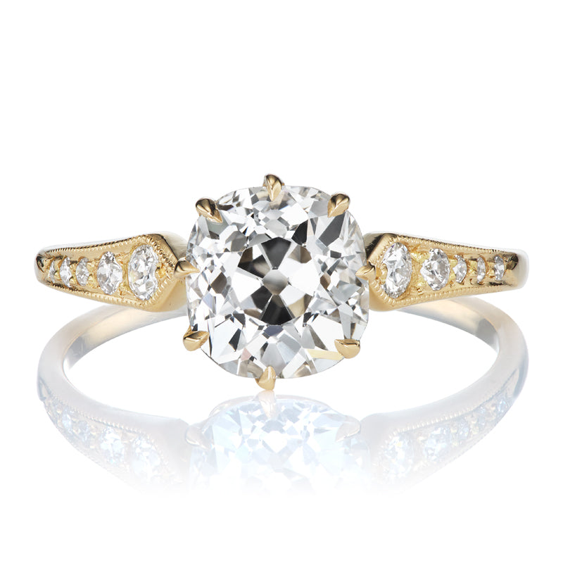 1.60ct Old Mine Cut Diamond Engagement Ring with Winged Shoulders and Side Stones