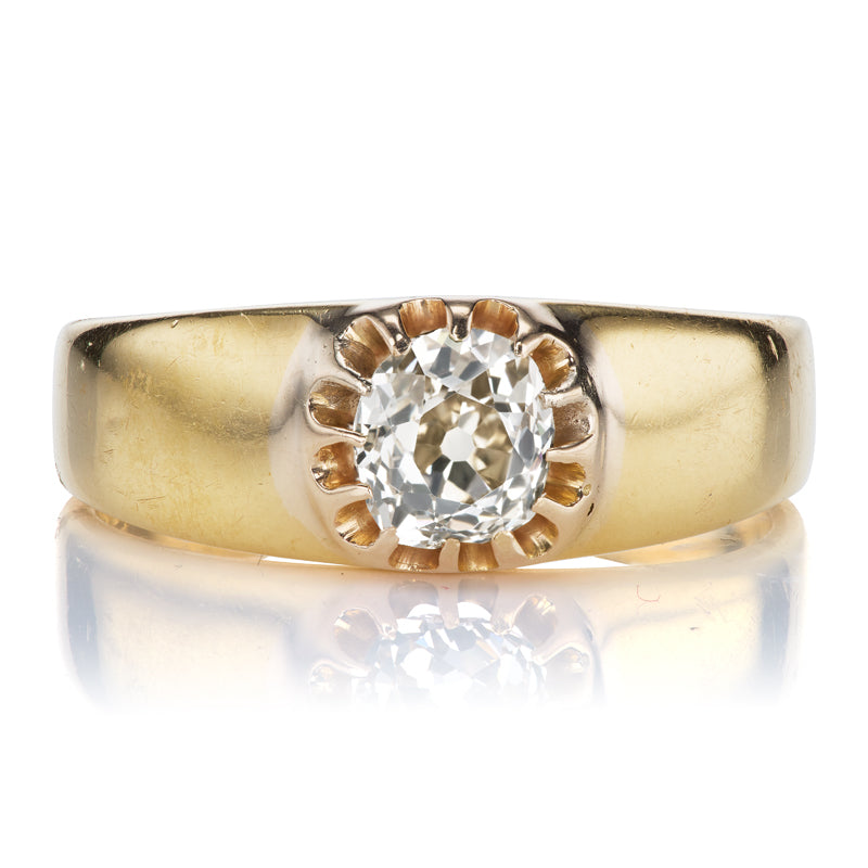 Chunky Yellow Gold Victorian Era Ring with Buttercup Set OMC Diamond Center Stone