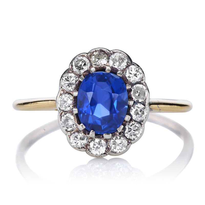 Unheated Sri Lankan Sapphire and Diamond Antique Cluster Ring