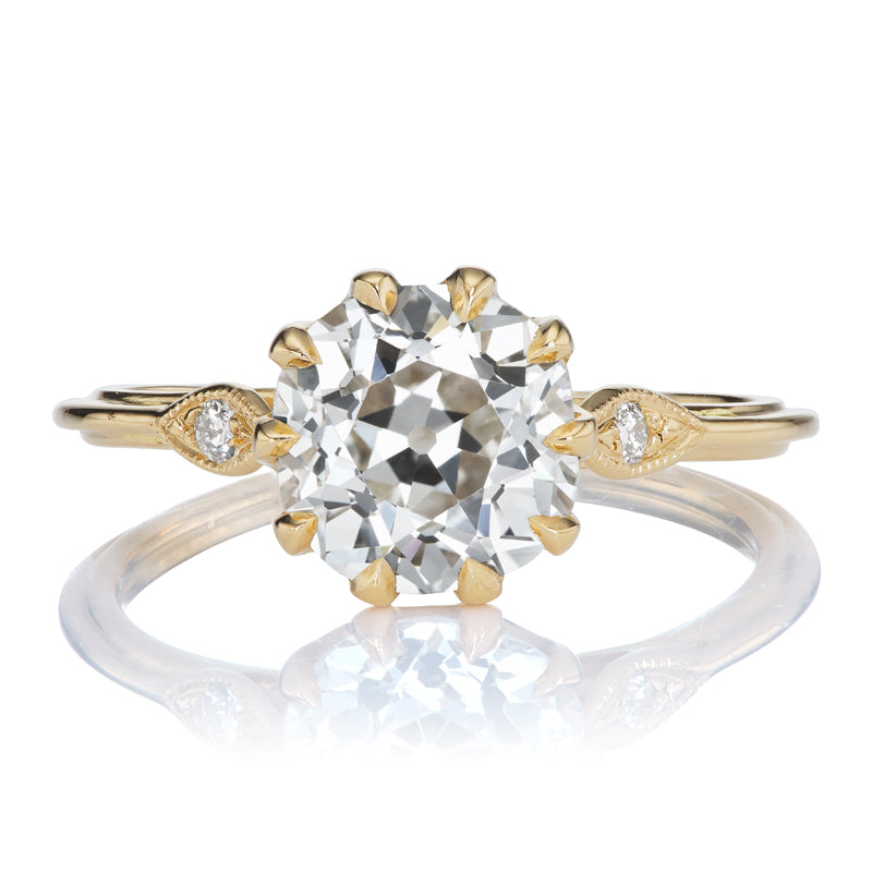 Old Mine Cut Diamond Engagement Ring with 18k Yellow Gold Leaf-Like Detail