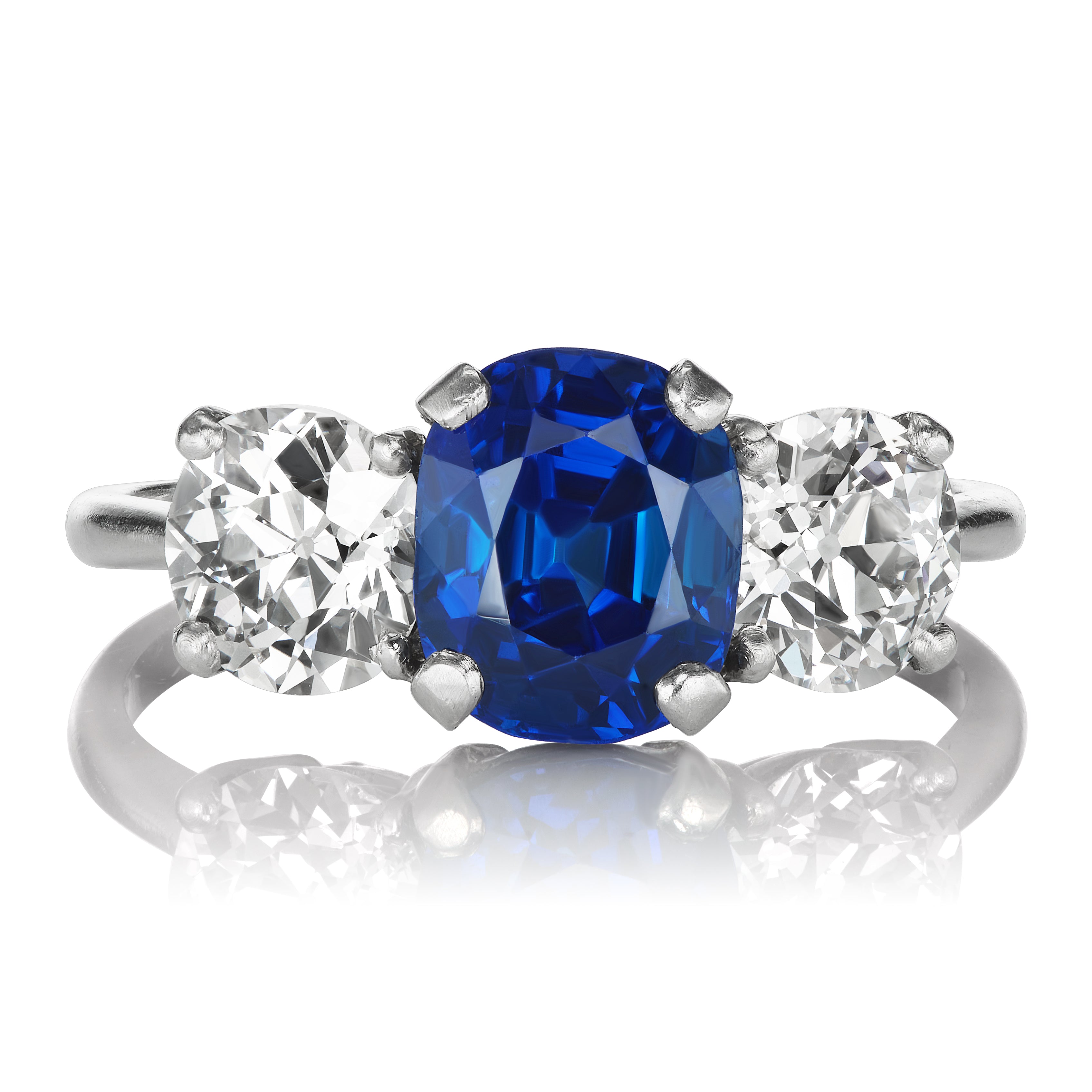 Burmese Sapphire and Old European Cut Diamond Three Stone Ring