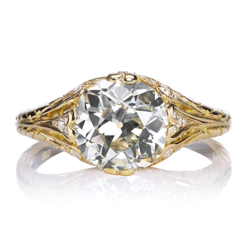2.24 Carat Old Mine Cut Diamond Engagement Ring with Detailed Yellow Gold Setting