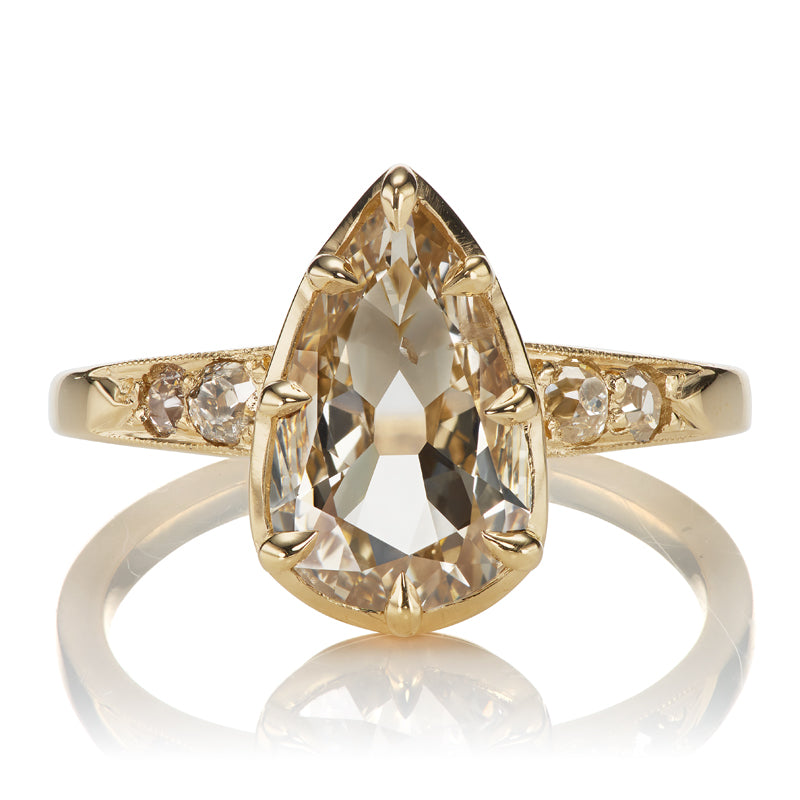 Spready Champagne Antique Pear Diamond in Gold Collet Setting