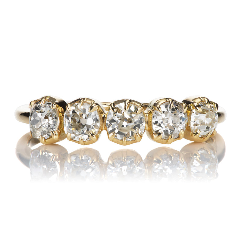 Five Stone Old Cut Diamond Ring Collet Set in 18kt Yellow Gold