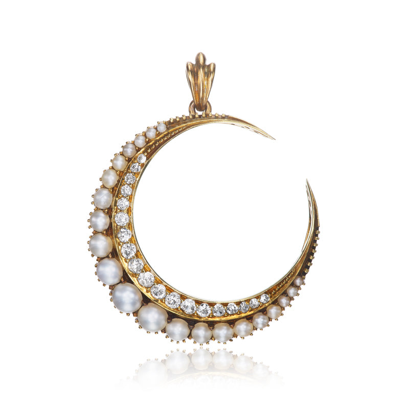 Antique Diamond and Pearl Crescent Pendant