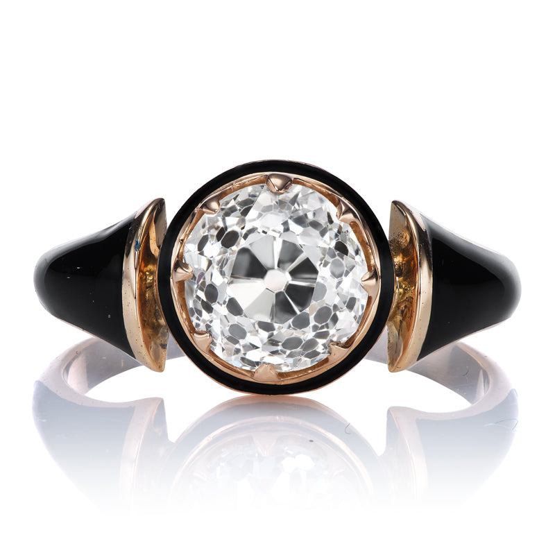 Old European Cut Diamond in 14kt Rose Gold and Black Enamel Setting