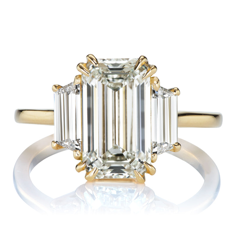3 Carat Emerald Cut Diamond Ring with Trapezoid Side Stones