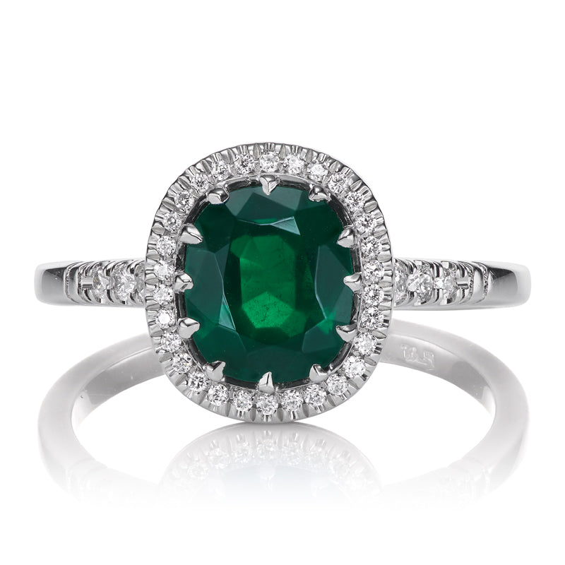 Glowing Carat Zambian Emerald Ring with Diamond Halo