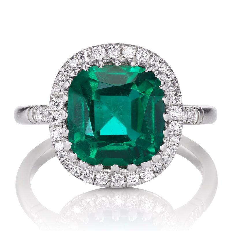 Glowing 3.27 Carat Zambian Emerald Ring with Diamond Halo