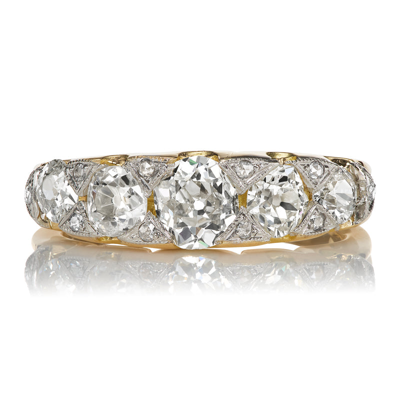 5-Stone Old Mine Cut Diamond Half Hoop Ring in Platinum and Yellow Gold