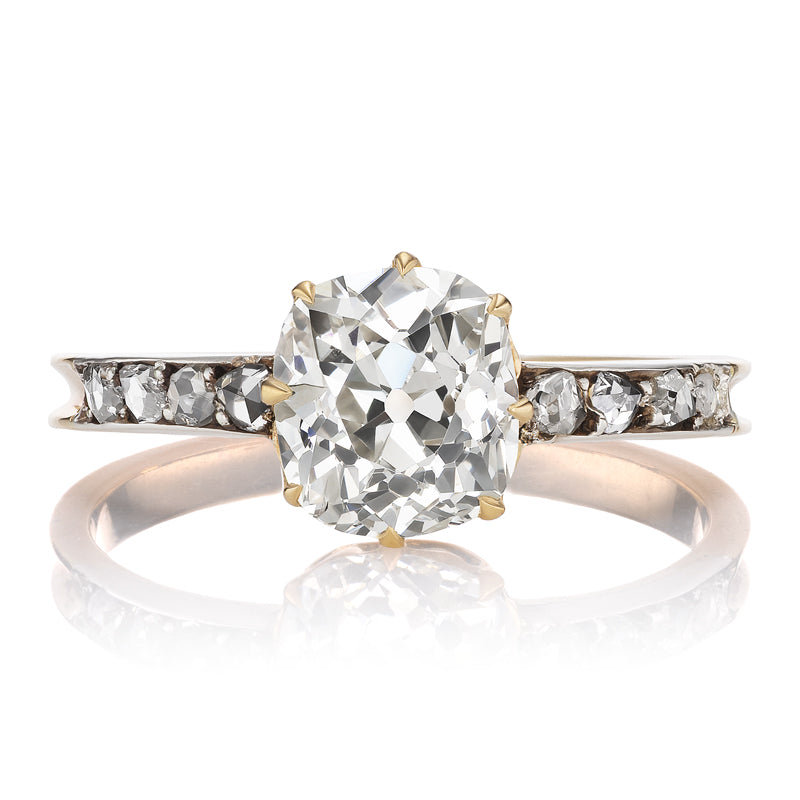 Antique Old Mine Cut Diamond Ring with Rose Cut Diamond Side Stones