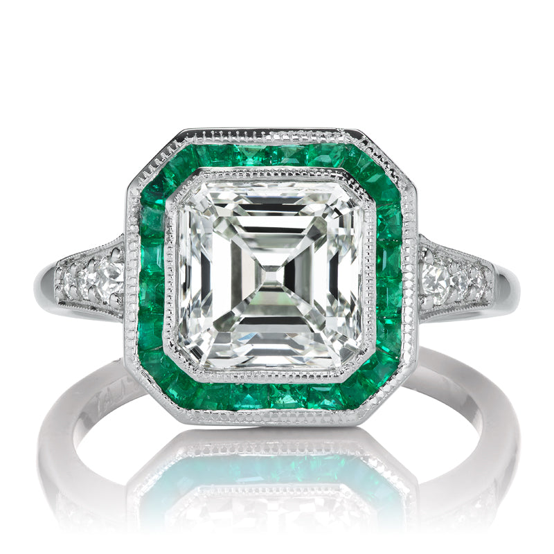Bright White Asscher Cut Diamond Ring with Emerald Halo in Platinum