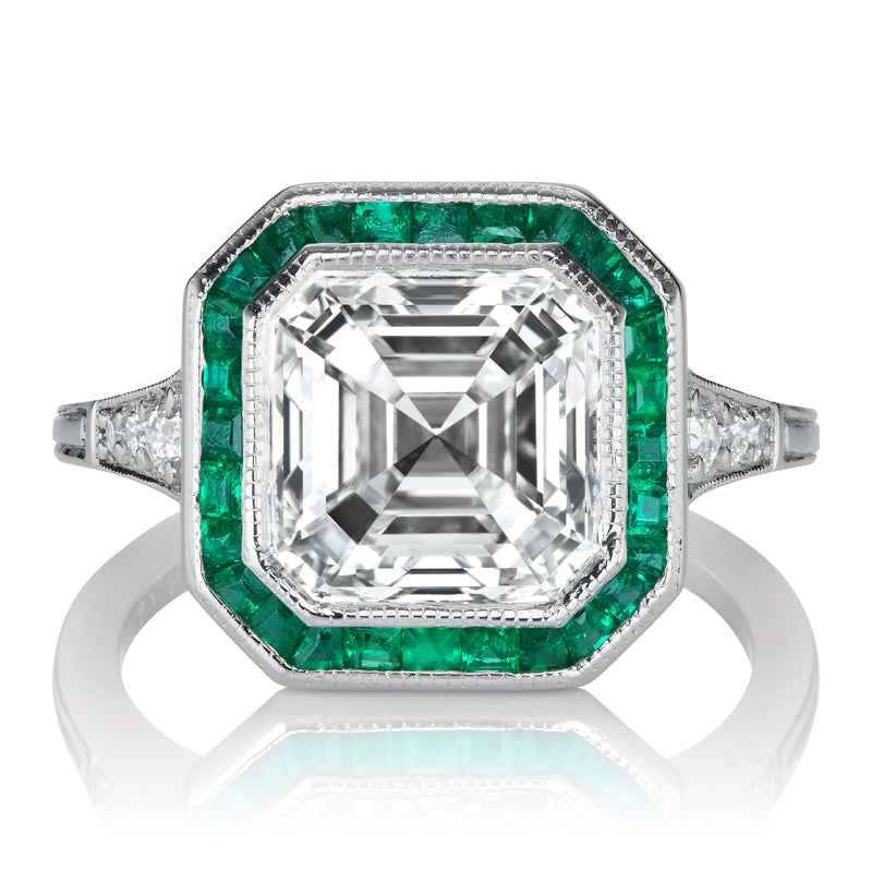 4 Carat Asscher Diamond Ring with Emerald Halo in Platinum Setting