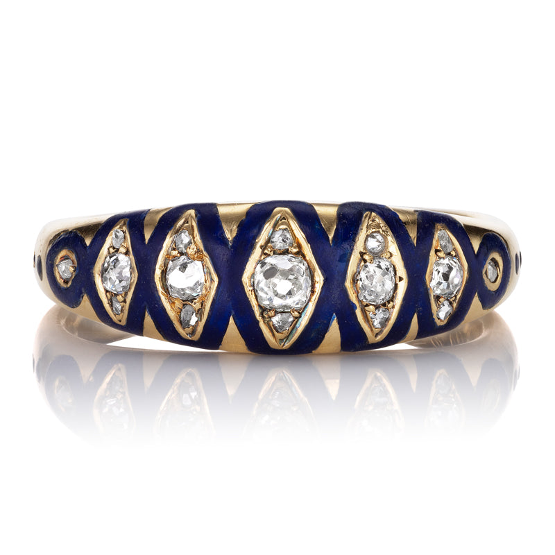 Antique Old Mine Cut Diamond Band with Unique Blue Enamel Detailing
