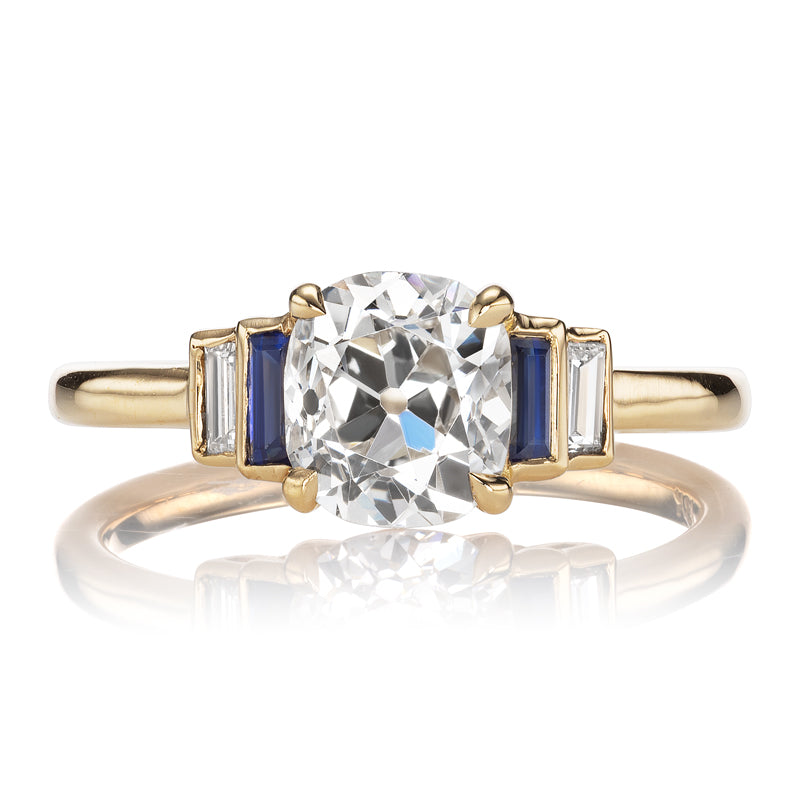 1ct Old Mine Cut Ring with Sapphire and Diamond Baguette Side Stones