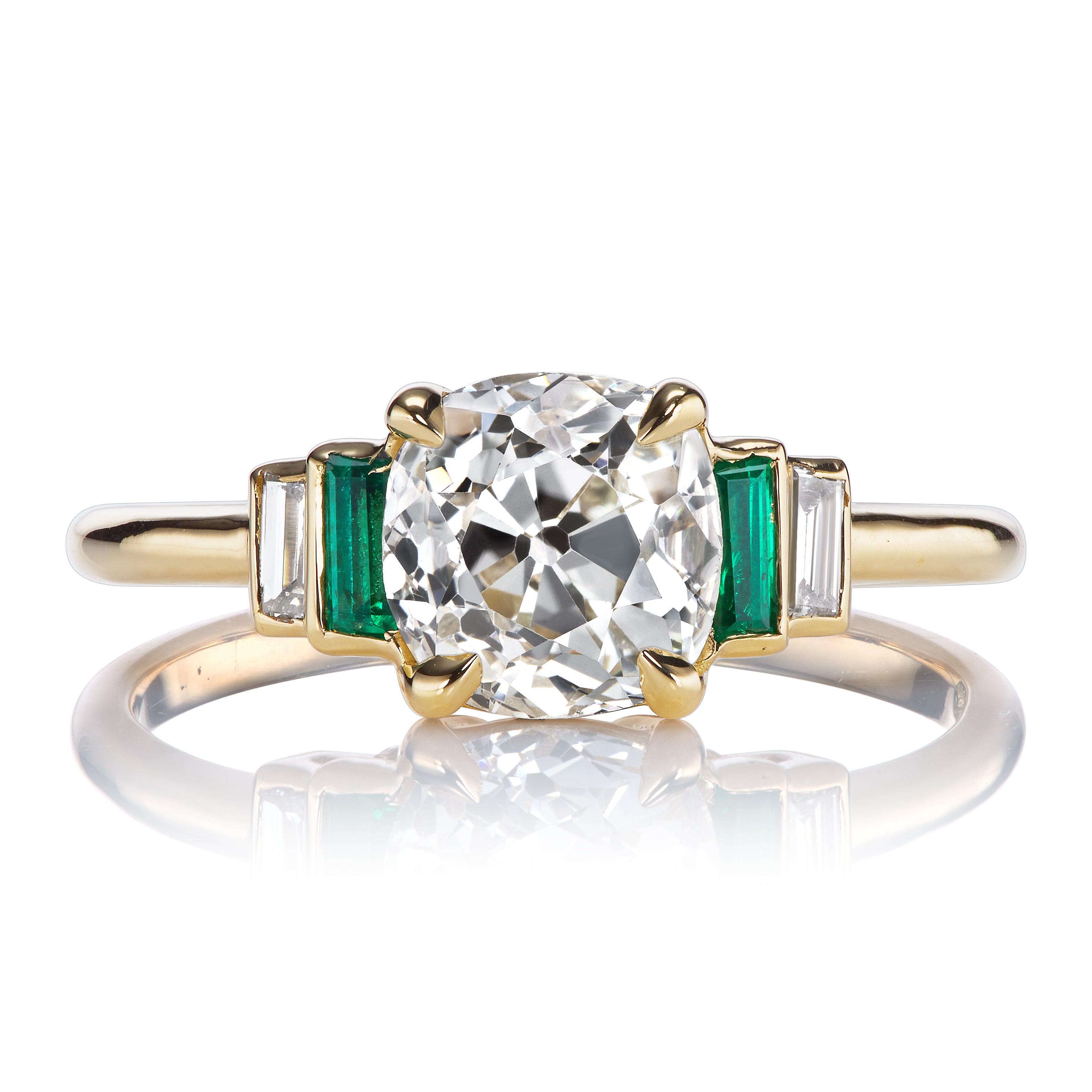 Old Mine Cut Ring with Emerald and Diamond Baguette Side Stones