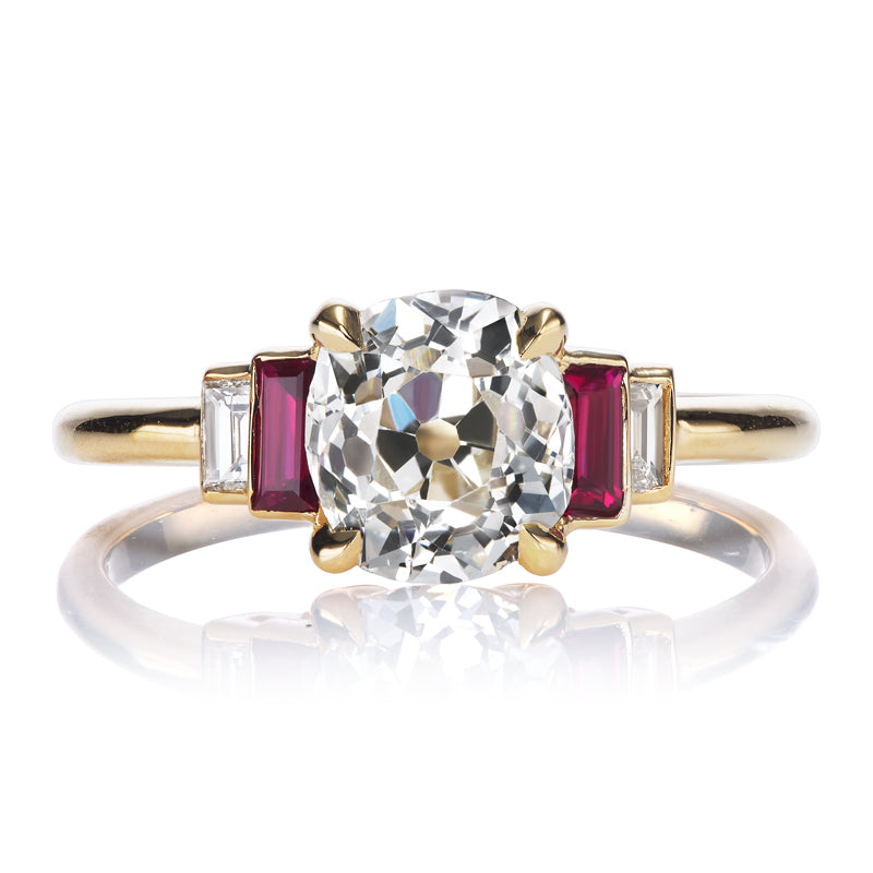 Old Mine Cut Diamond Engagement Ring with Step Down Ruby Baguettes