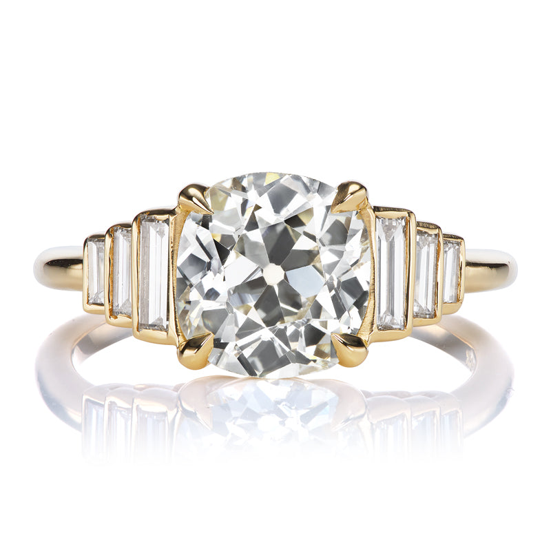 2.36 Carat Old Mine Cut Diamond with Step-Down Baguette Side Stones