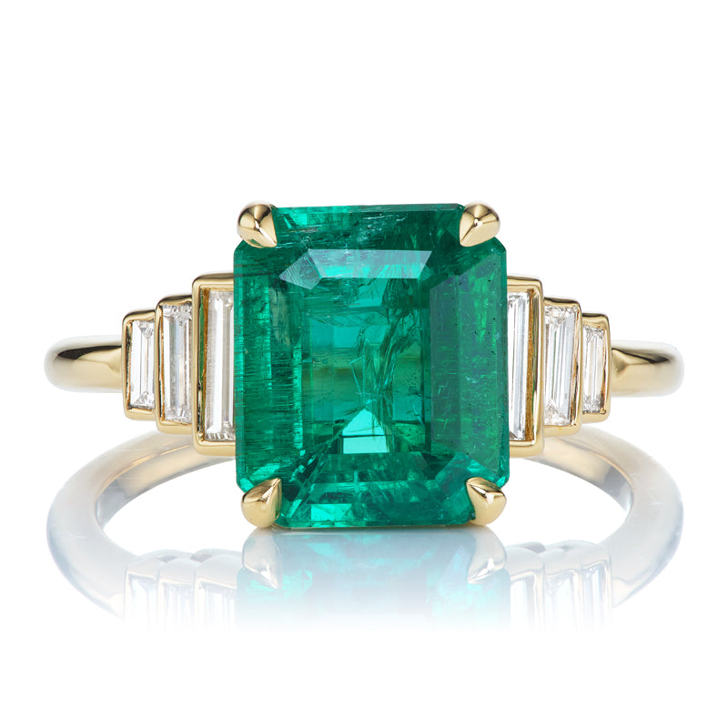 Zambian Emerald Ring with Step Down Baguettes