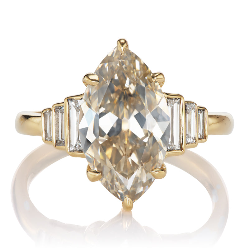Champagne Colored Marquise Cut Diamond Engagement Ring with Step Down Baguettes