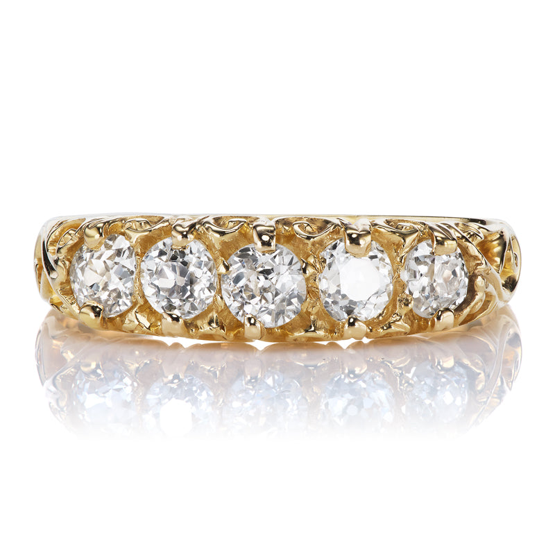 Antique Old Cut Diamond Five Stone Half Hoop Ring with Romantic Filigree Detailing