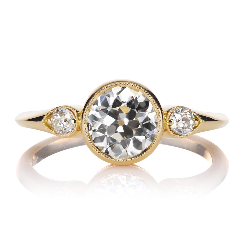 Bezel Set 1.28 Carat Old European Cut Diamond Engagement Ring with Side Stones