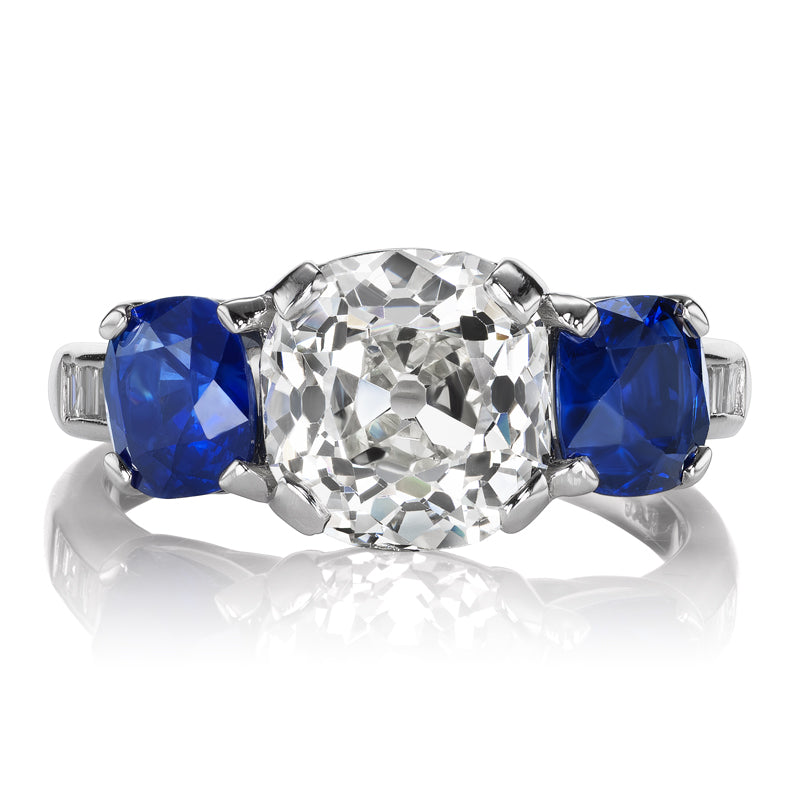 Bright Old Mine Cut Diamond and Sapphire Three-Stone Ring