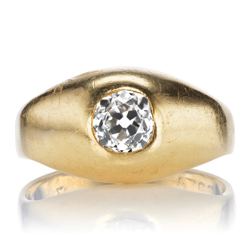 Chunky Yellow Gold Gypsy Ring with Old Mine Cut Center Stone