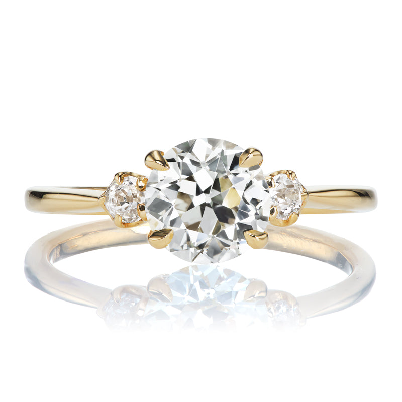 Old Euro Cut Diamond Ring in Buttery Yellow Gold Setting