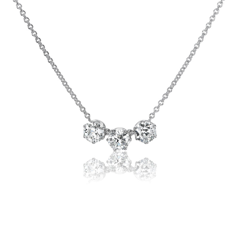 Three Stone Old European Cut Diamond Necklace in Platinum
