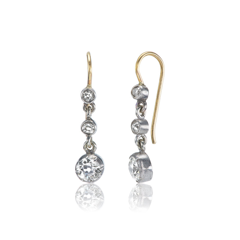 Antique Three Stone Old Mine Cut Diamond Drop-Down Earrings in Collet Setting