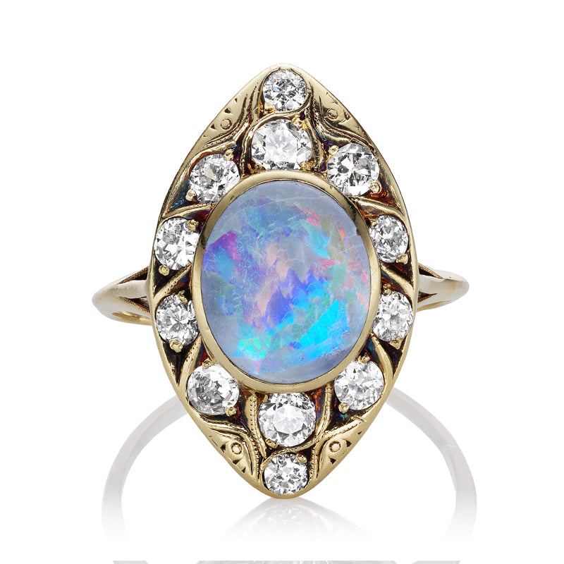 Art Nouveau Nevette Shaped Opal Ring with Diamond Halo