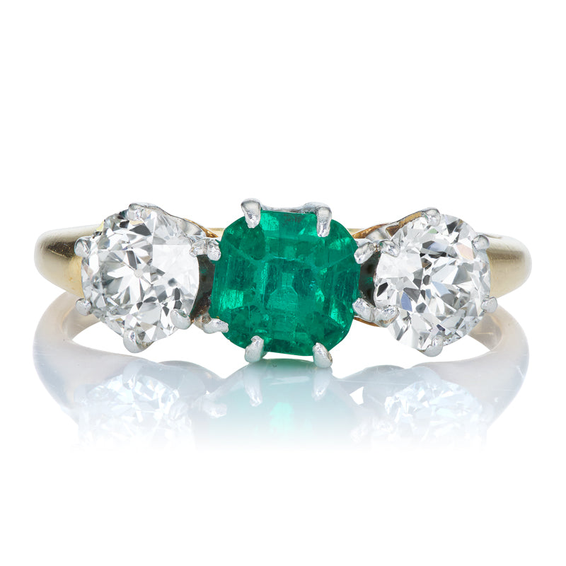 Vintage Colombian Minor Emerald and Old Euro Three Stone Ring