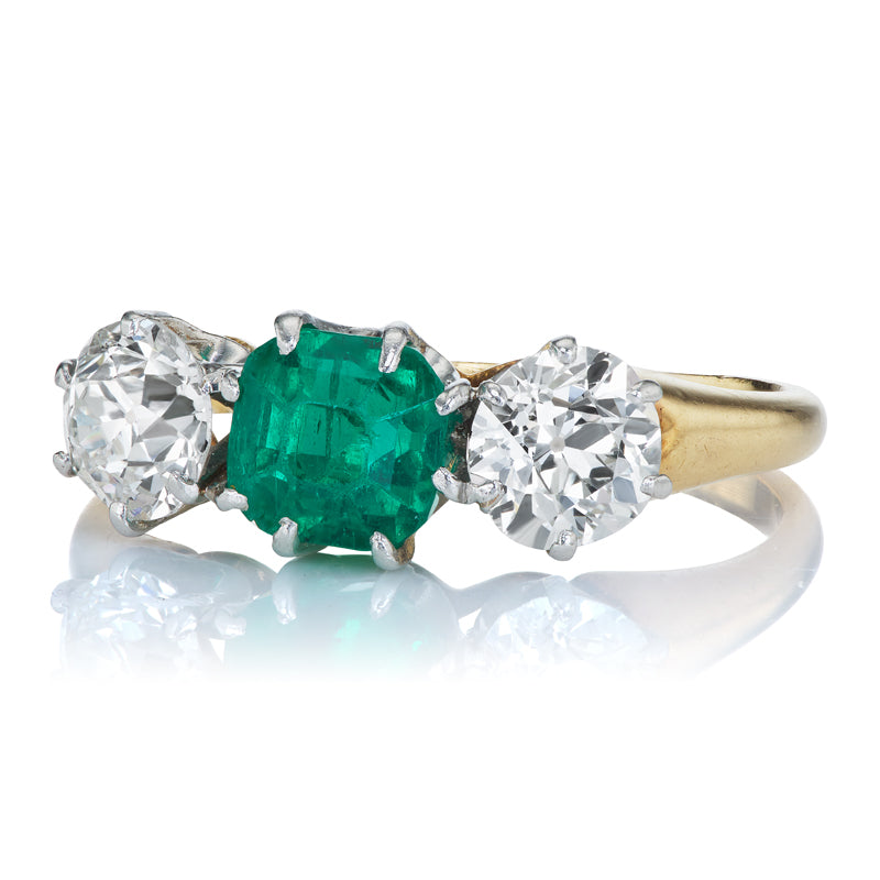 Vintage Colombian Minor Emerald and Old Euro Three Stone Ring diamond with gemstone