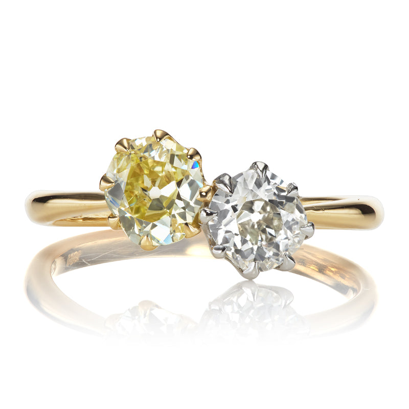 Old Mine Cut Diamond Toi et Moi Ring with Contrasting Colored Diamonds