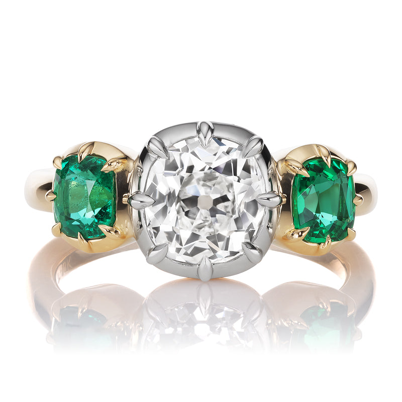 1.5 Carat Two-Tone Old Mine Cut Diamond Ring with Emerald Side Stones