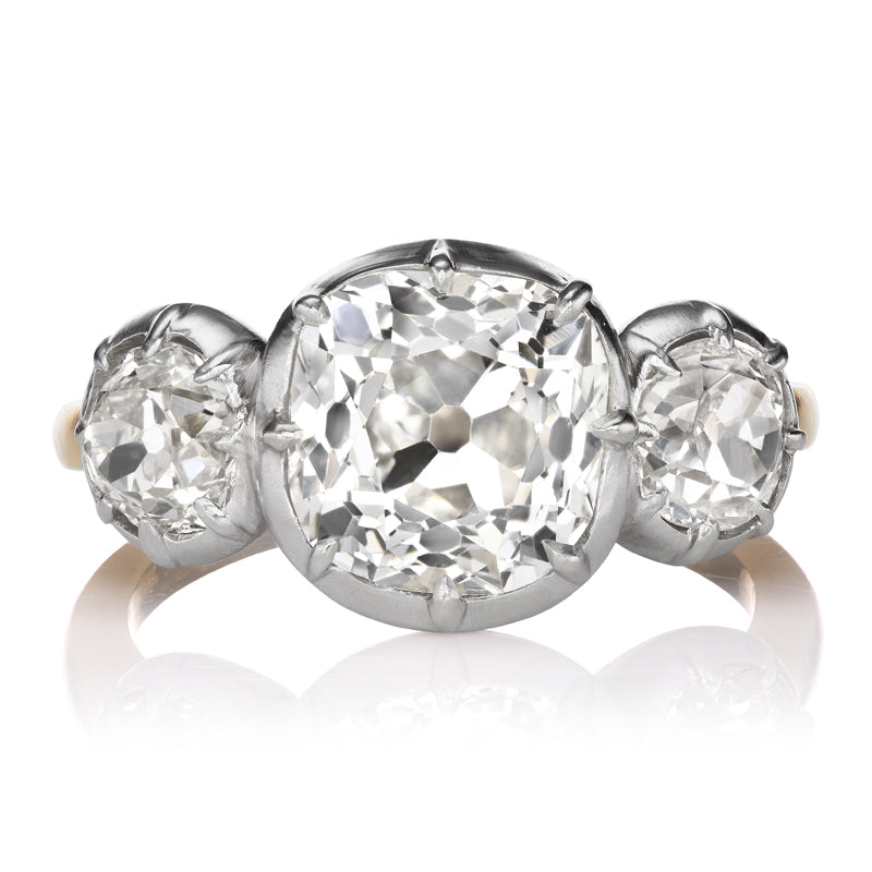 Old Mine Cut Diamond Three Stone Ring in Collet Setting
