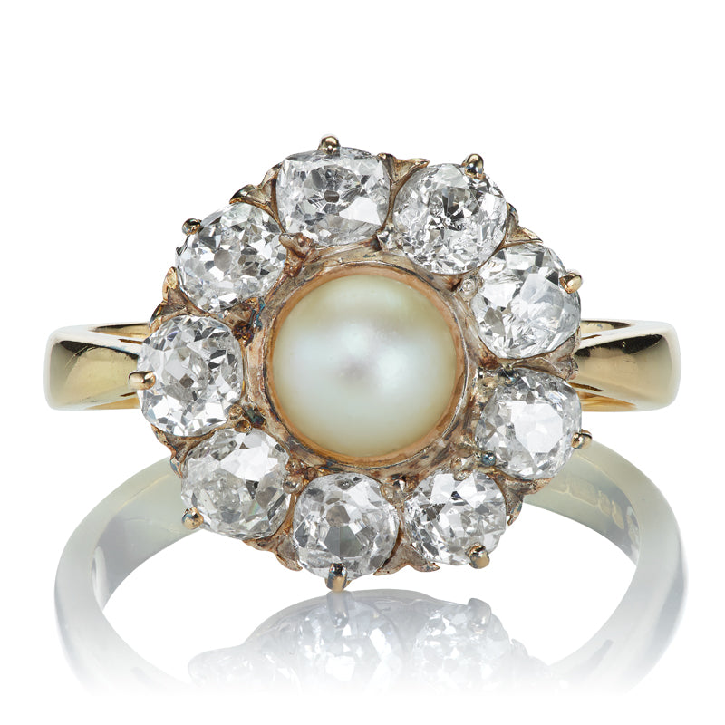 Natural Saltwater Pearl and OMC Diamond Cluster Ring