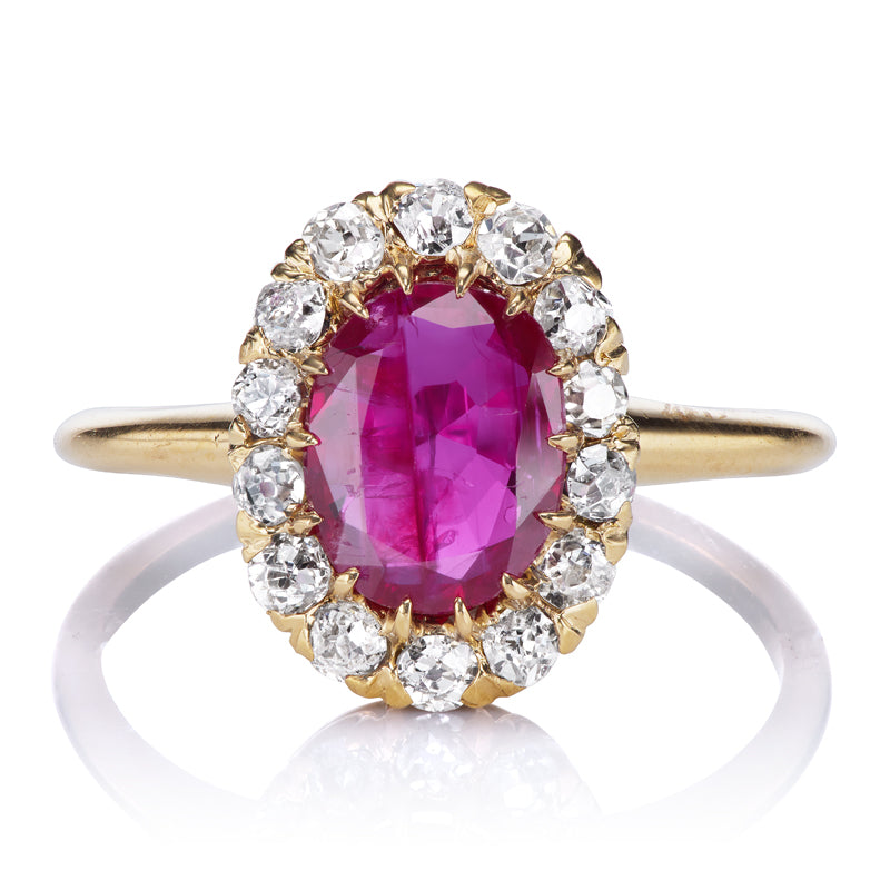 Antique Unheated Burmese Ruby Ring with Diamond Halo
