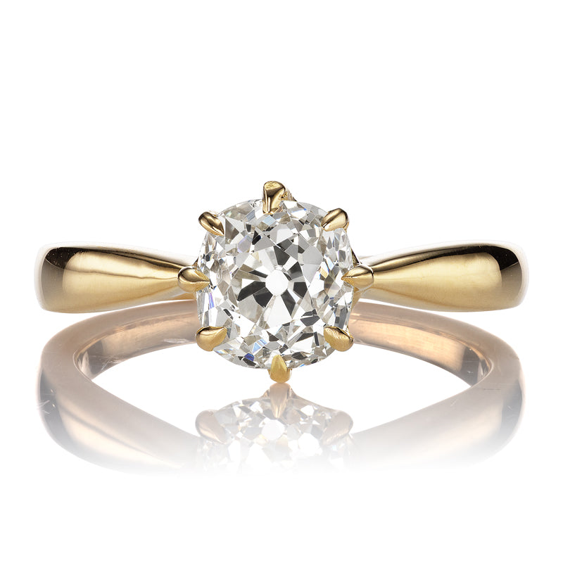 Old Mine Cut Diamond Solitaire Engagement Ring on Tapered Gold Band