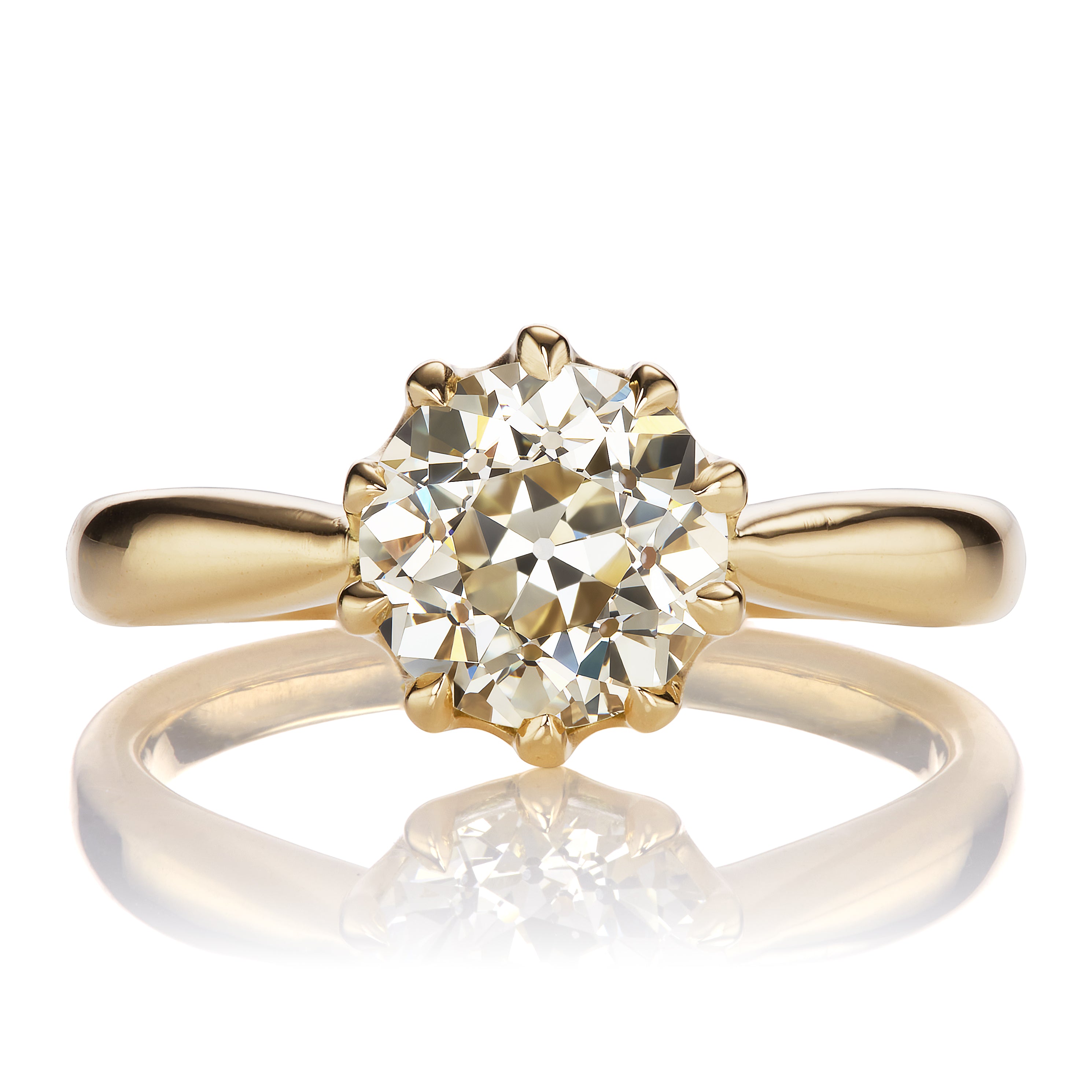 Warm 2 Carat Old European Diamond in Tapered Gold Solitaire Setting