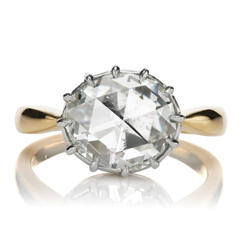 Two Tone Platinum and Gold Oval Rose Cut Diamond Engagement Ring