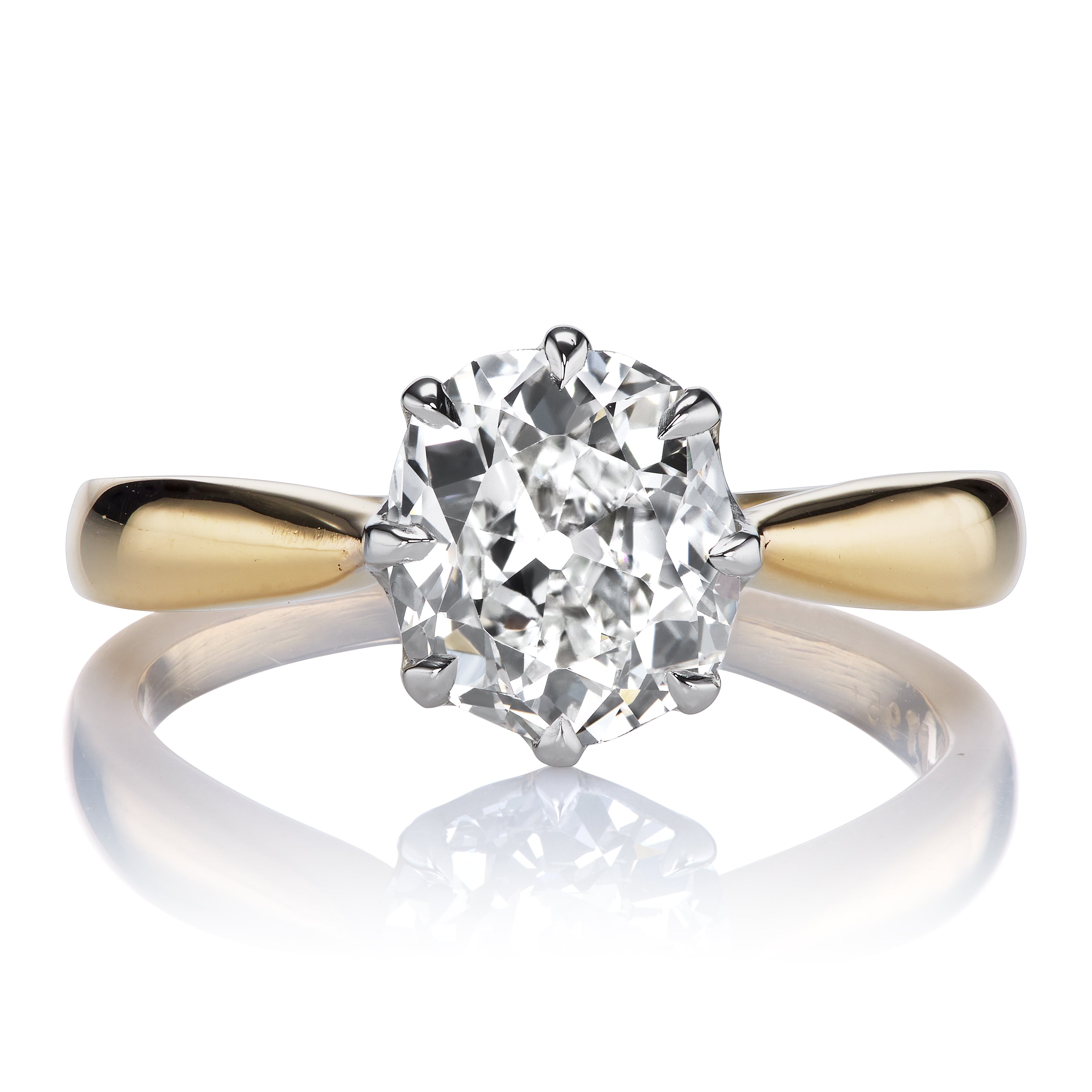 Bright White Old Mine Cut Diamond in Two-Tone Setting with Tapered Band