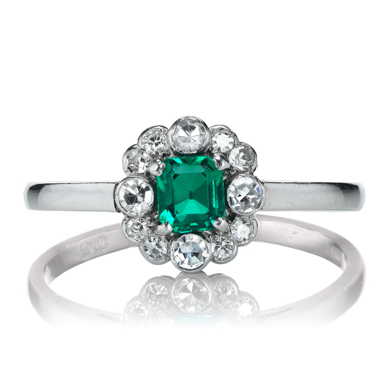 Charming Antique Colombian Emerald and Diamond Cluster Ring