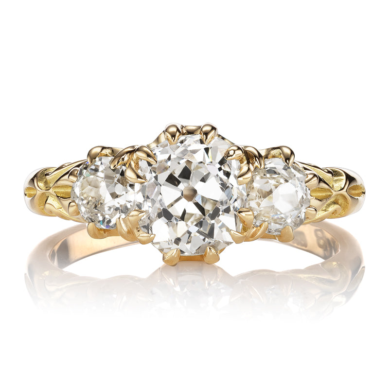 Victorian-Inspired Old Mine Cut Three-Stone Engagement Ring