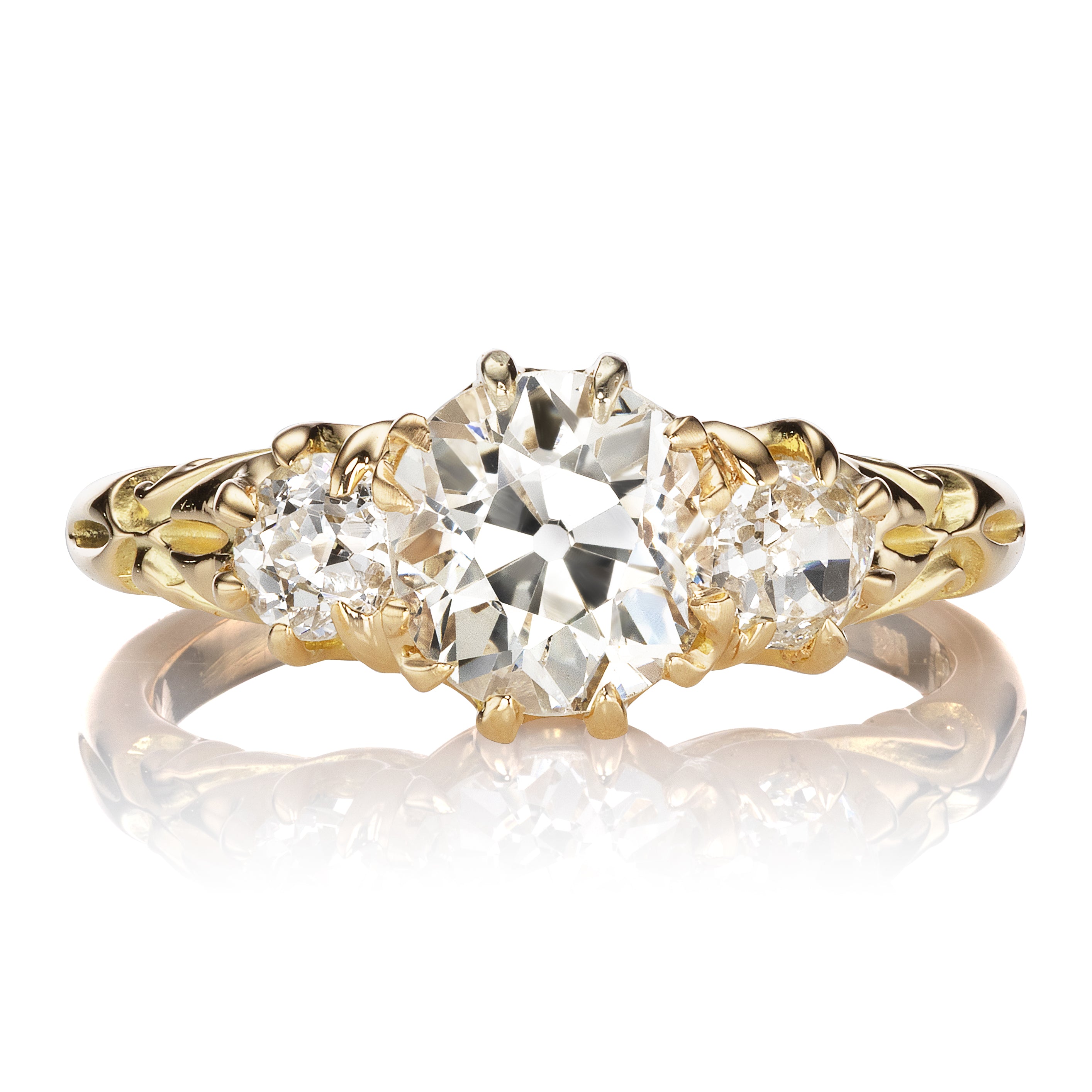 Whimsical Three Stone Old Mine Cut Diamond Ring